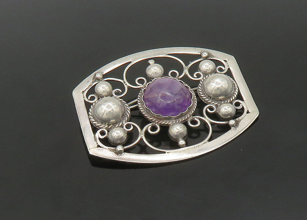 MEXICO 925 Sterling Silver  Vintage Amethyst Pretzel Swirl Brooch Pin  BP8989