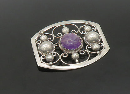 MEXICO 925 Sterling Silver  Vintage Amethyst Pretzel Swirl Brooch Pin  BP8989
