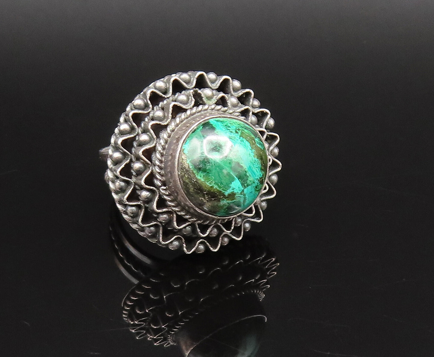 ISRAEL 925 Silver  Vintage Beaded Wavy Round Chrysocolla Ring Sz 5  RG25919