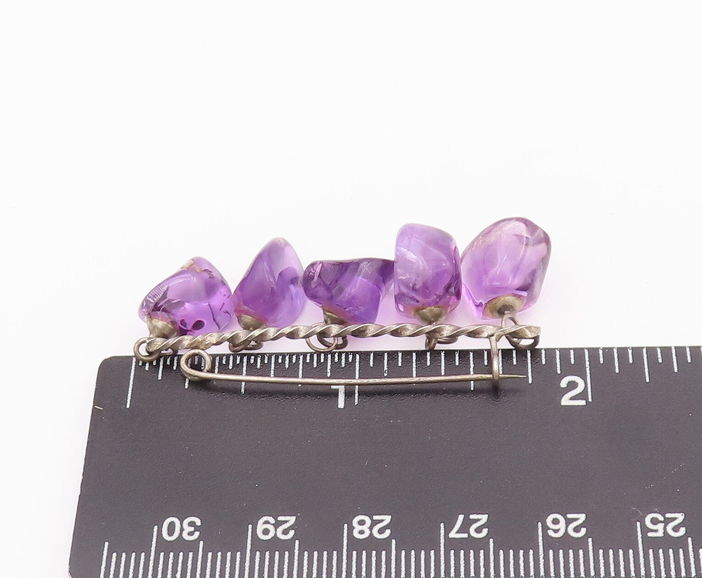 925 Sterling Silver Vintage Brooch Pin Dangling Amethyst Amorphous beads BP10772