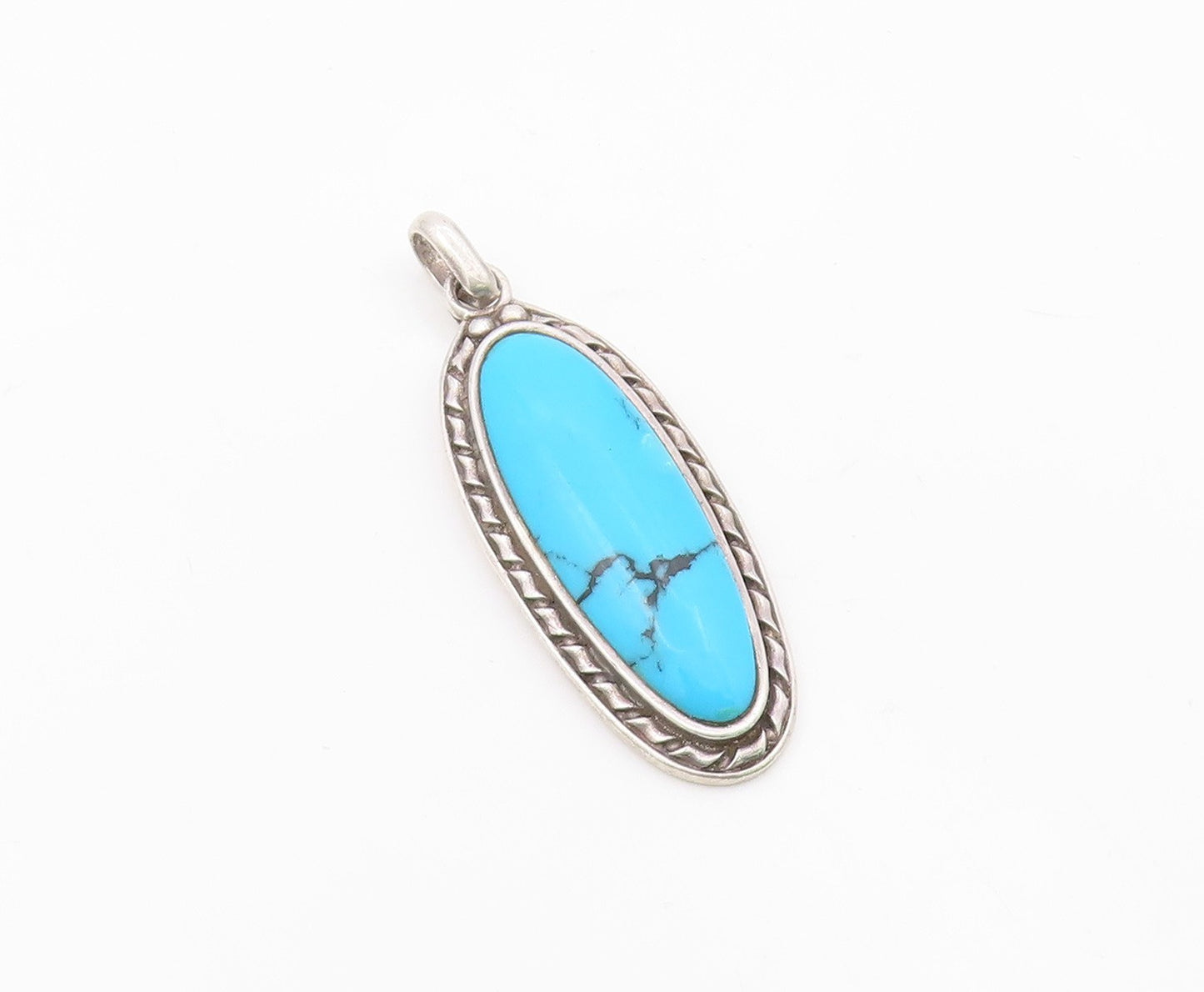 925 Sterling Silver  Vintage Cabochon Cut Turquoise Oblong Pendant  PT14052