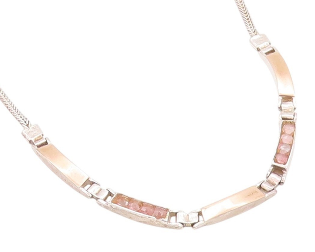 14k Gold 925 Sterling Silver Vintage Necklace Rectangular Pink Gemstone  NE4554