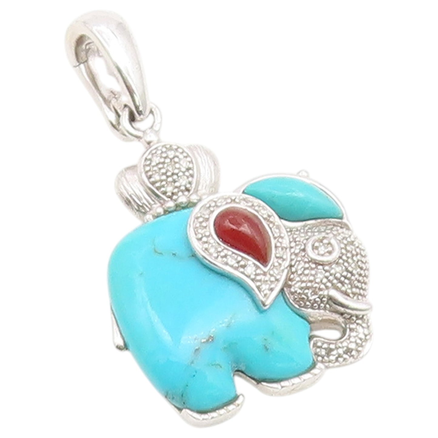 925 Sterling Silver Vintage Pendant Real Diamonds & Turquoise Elephant  PT26613