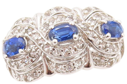925 Sterling Silver Vintage Ring Oval Sapphire Halo Topaz Bands  Sz 6  RG32902