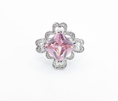 925 Sterling Silver  Pink Cubic Zirconia Floral Cocktail Ring Sz 7  RG6069