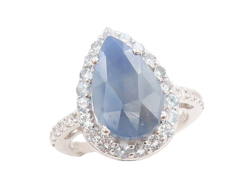 925 Sterling Silver Vintage Ring Drop Cut Blue Halo White Topaz  Sz 7  RG30652