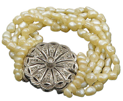 925 Silver Vintage Antique Genuine Diamonds & Pearls Floral Bracelet  BT7696