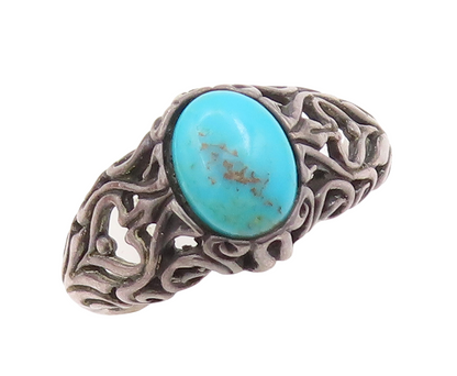 925 Sterling Silver Vintage Ring Swirly Carved Oval Turquoise  Sz 6  RG29064