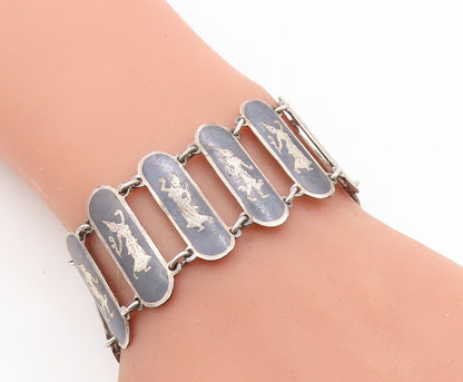 SIAM 925 Sterling Silver  Vintage Black Niello Dancer Chain Bracelet  BT2692