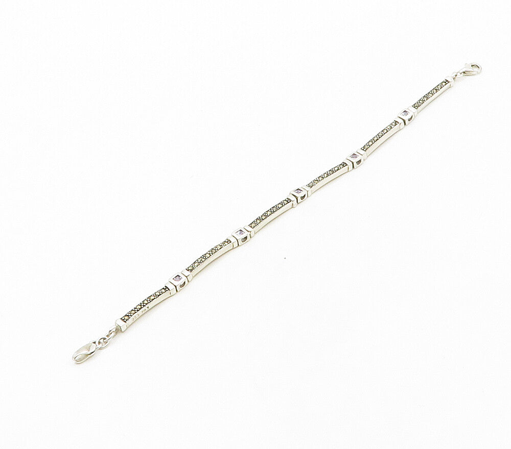 925 Sterling Silver   Cubic Zirconia & Marcasite Bar Chain Bracelet  BT6411