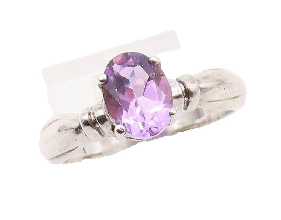 925 Sterling Silver Vintage Ring Grooved Neck Oval Amethyst  Sz 8  RG30282