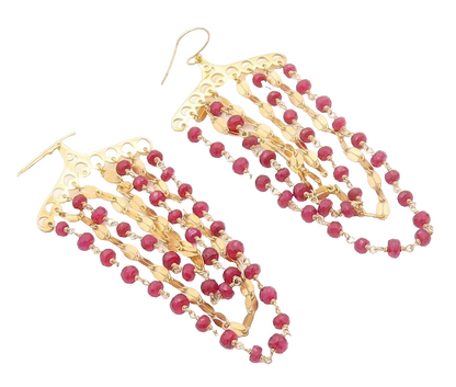 925 Sterling Silver Vintage Earrings Gold Plated Dangling Beaded Ruby  EG13162