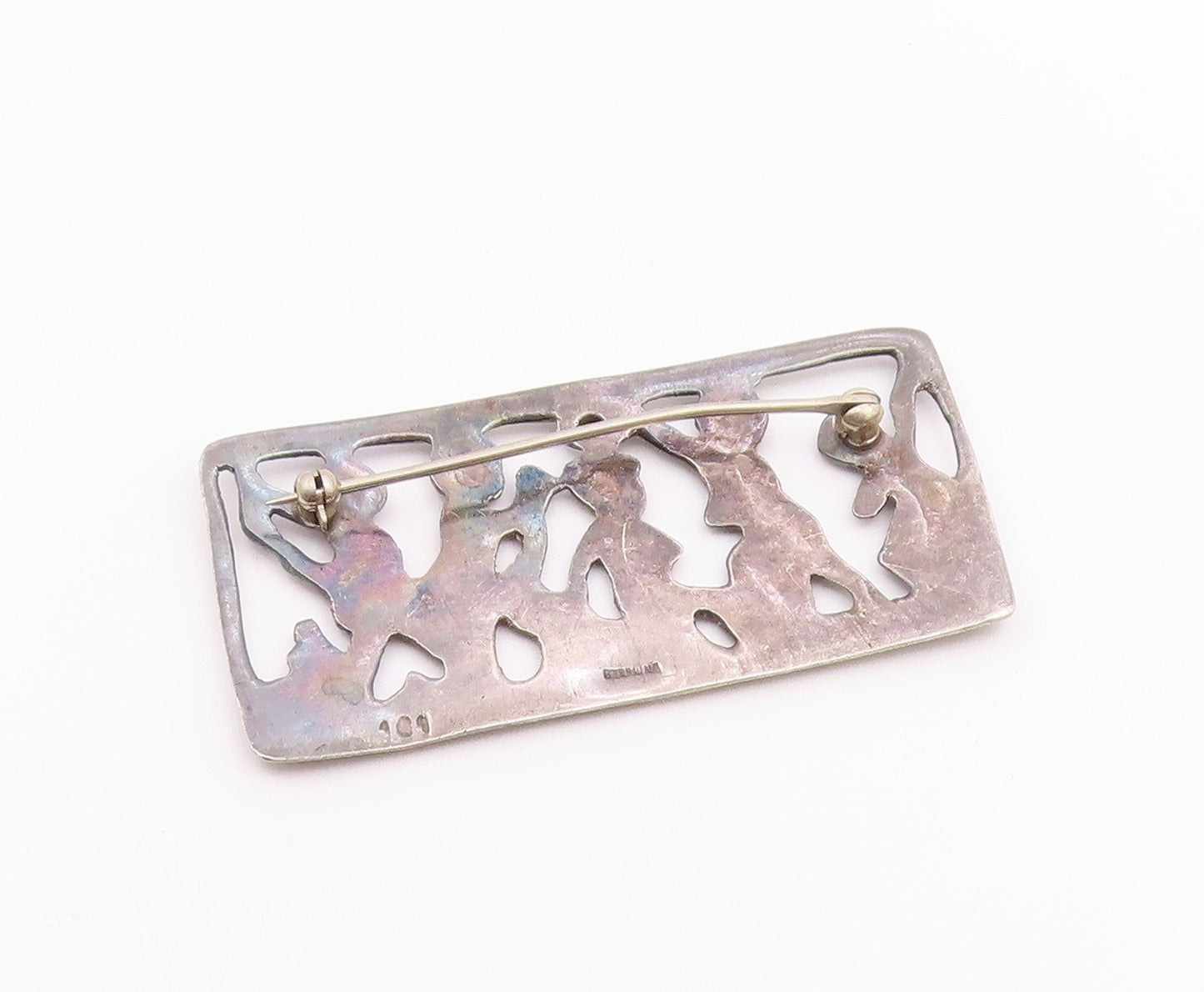 925 Sterling Silver  Vintage Oxidized Children Scene Square Brooch Pin  BP4649