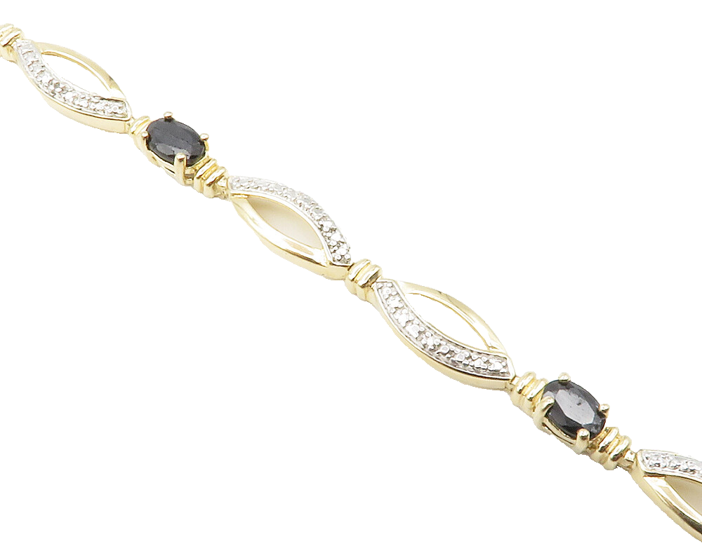 925 Sterling Silver  Genuine Diamond & Sapphire Shiny Chain Bracelet  BT5458