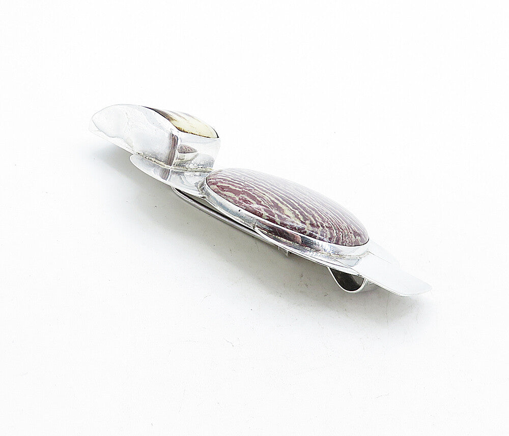 DESIGNER 925 Silver  Vintage Modernist Jasper Two Stone Brooch Pin  BP1972