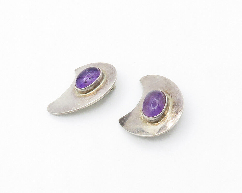 MEXICO 925 Sterling Silver Vintage Cabochon Amethyst Non Pierce Earrings EG7465