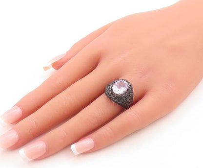 925 Sterling Silver Vintage Ring Oval Cut Amethyst & Spinel Inlay Sz 6.5 RG30081