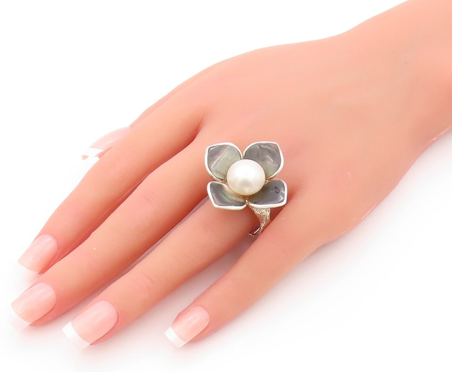 925 Sterling Silver Vintage Ring Pearl Abalone Cutout Flower  SZ 10  RG32147