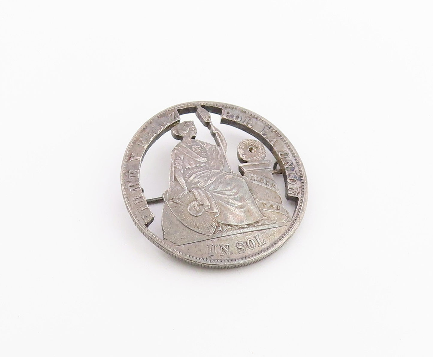 925 Sterling Silver  Vintage Dark Tone Peruvian Coin Brooch Pin  BP8526