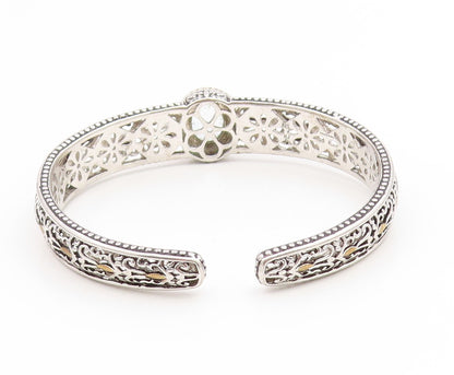 925 Sterling Silver Vintage Bracelet Two Tone Blue Topaz Openwork Cuff  BT11892