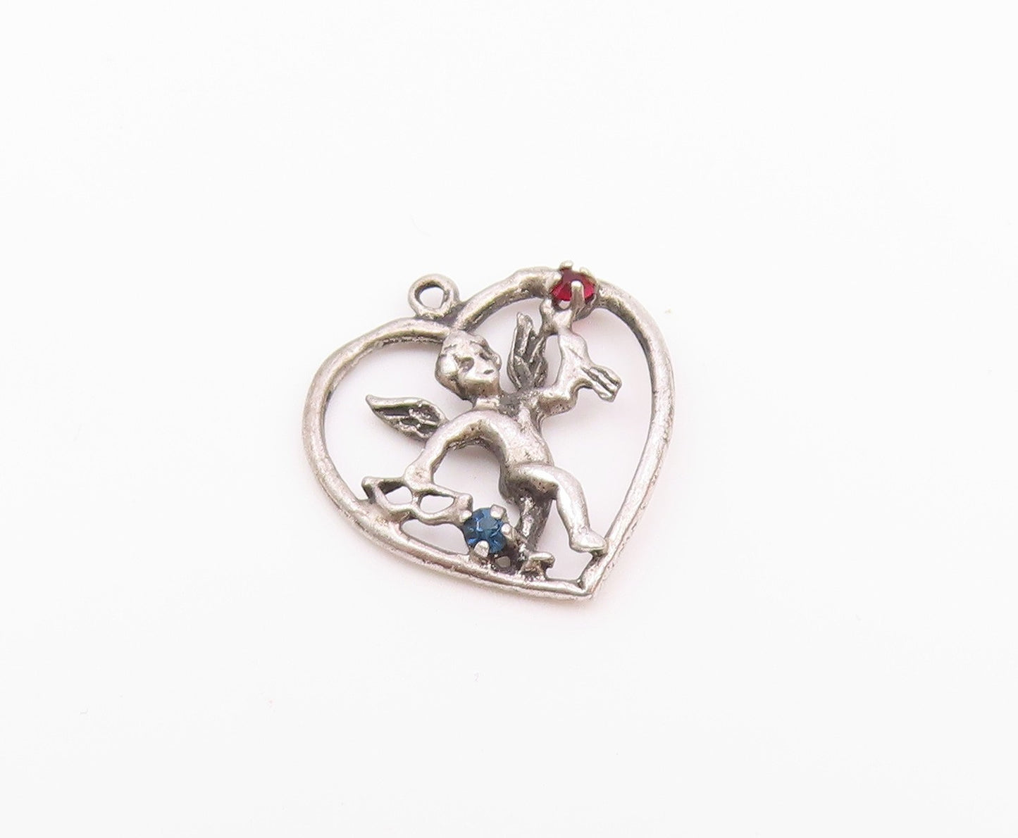 925 Sterling Silver  Vintage Pink & Blue Topaz Angel Heart Pendant  PT15704
