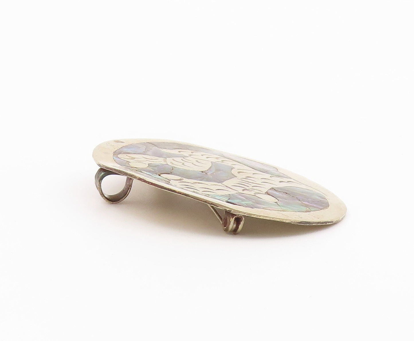 MEXICO 925 Sterling Silver  Vintage Abalone Etched Detail Brooch Pin  BP3485