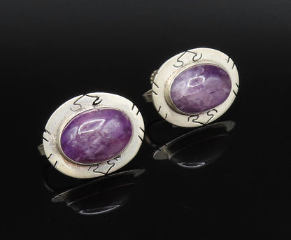 CASTILLO 925 Silver  Vintage Etched Frame Amethyst Screw Back Earrings EG12190