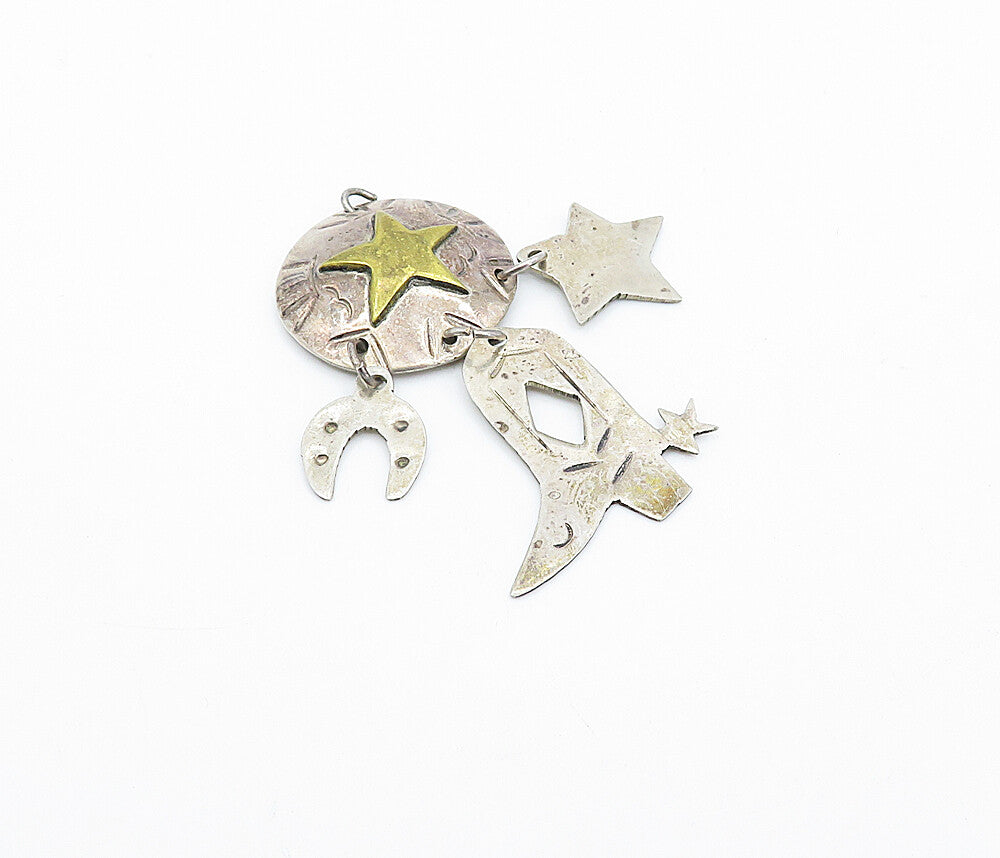 MEXICO 925 Sterling Silver  Vintage Two Tone Star Cowboy Boot Pendant  PT2723