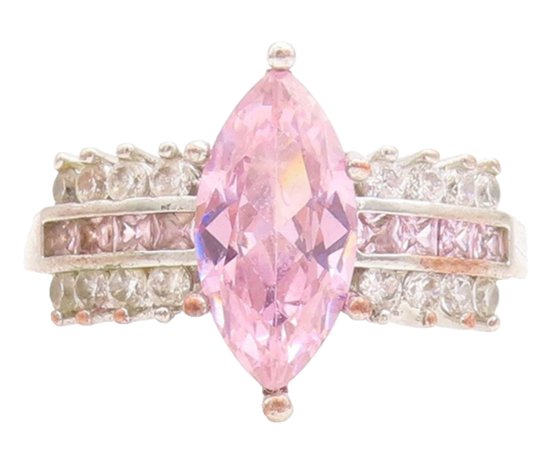 925 Sterling Silver Vintage Ring Marquise Cut Pink & White CZ   Sz 8  RG31494