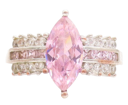 925 Sterling Silver Vintage Ring Marquise Cut Pink & White CZ   Sz 8  RG31494