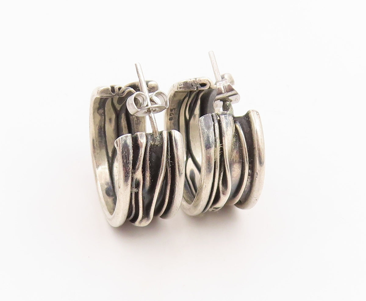 925 Sterling Silver Vintage Earrings Modernist Wavy Ribbed Wide Hoops  EG14108