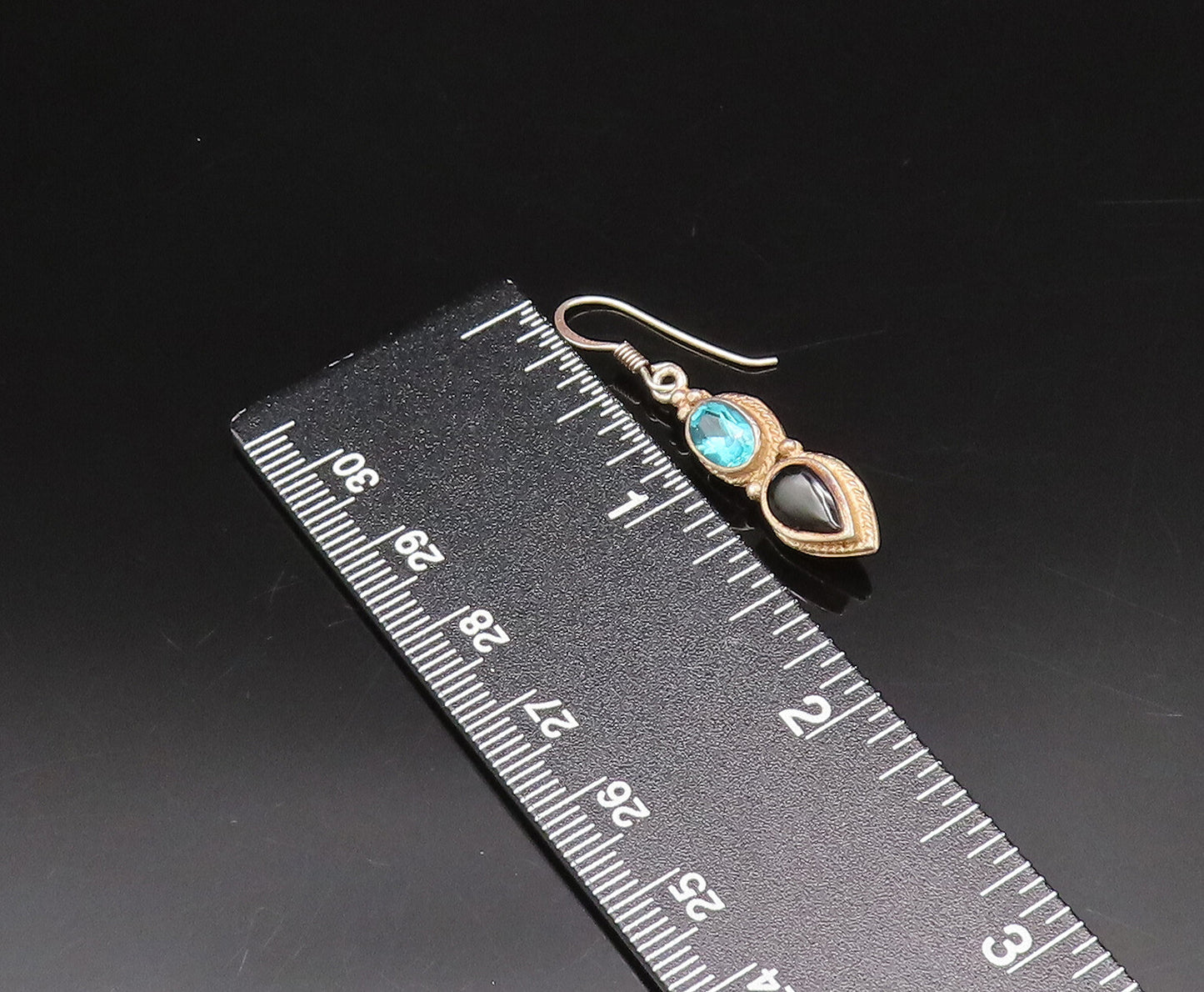 925 Silver  Vintage Oval Blue Topaz & Pear Shaped Onyx Drop Earrings  EG12224