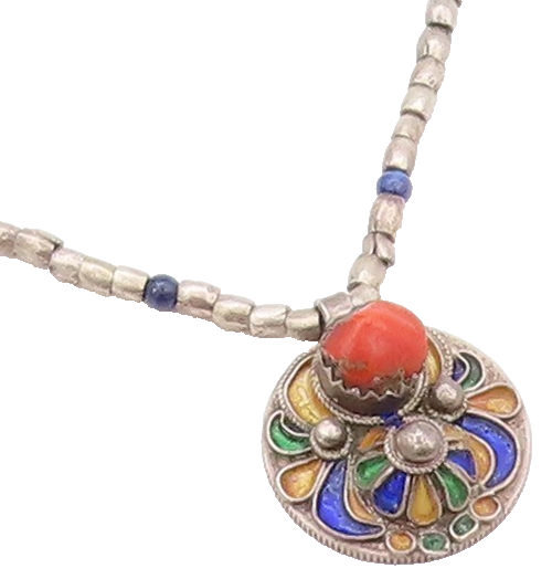 925 Sterling Silver Vintage Necklace French Coin Carnelian Enameled  NE4563