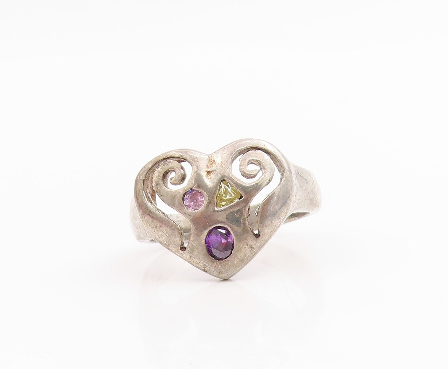 925 Sterling Silver Vintage Ring Multi Gemstone Openwork Heart Band Sz 6 RG33795