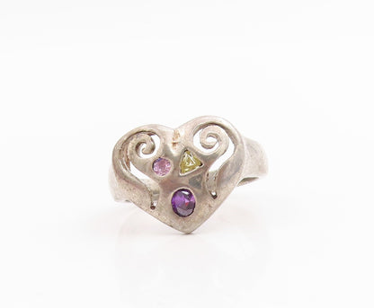 925 Sterling Silver Vintage Ring Multi Gemstone Openwork Heart Band Sz 6 RG33795