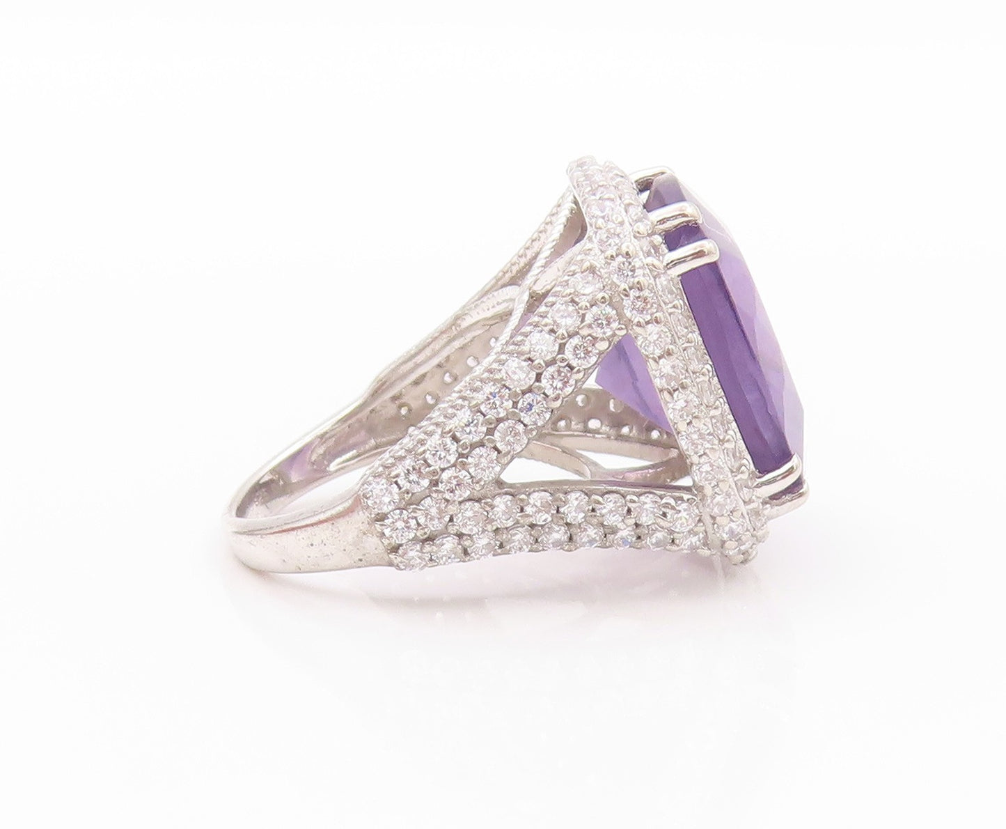 925 Sterling Silver Vintage Ring Square Amethyst Halo Topaz Inlay  Sz 6  RG32505
