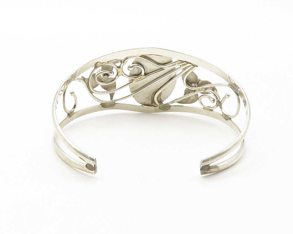 ART ACOYA ZUNI 925 Silver  Vintage Abalone Floral Vine Cuff Bracelet  BT5621