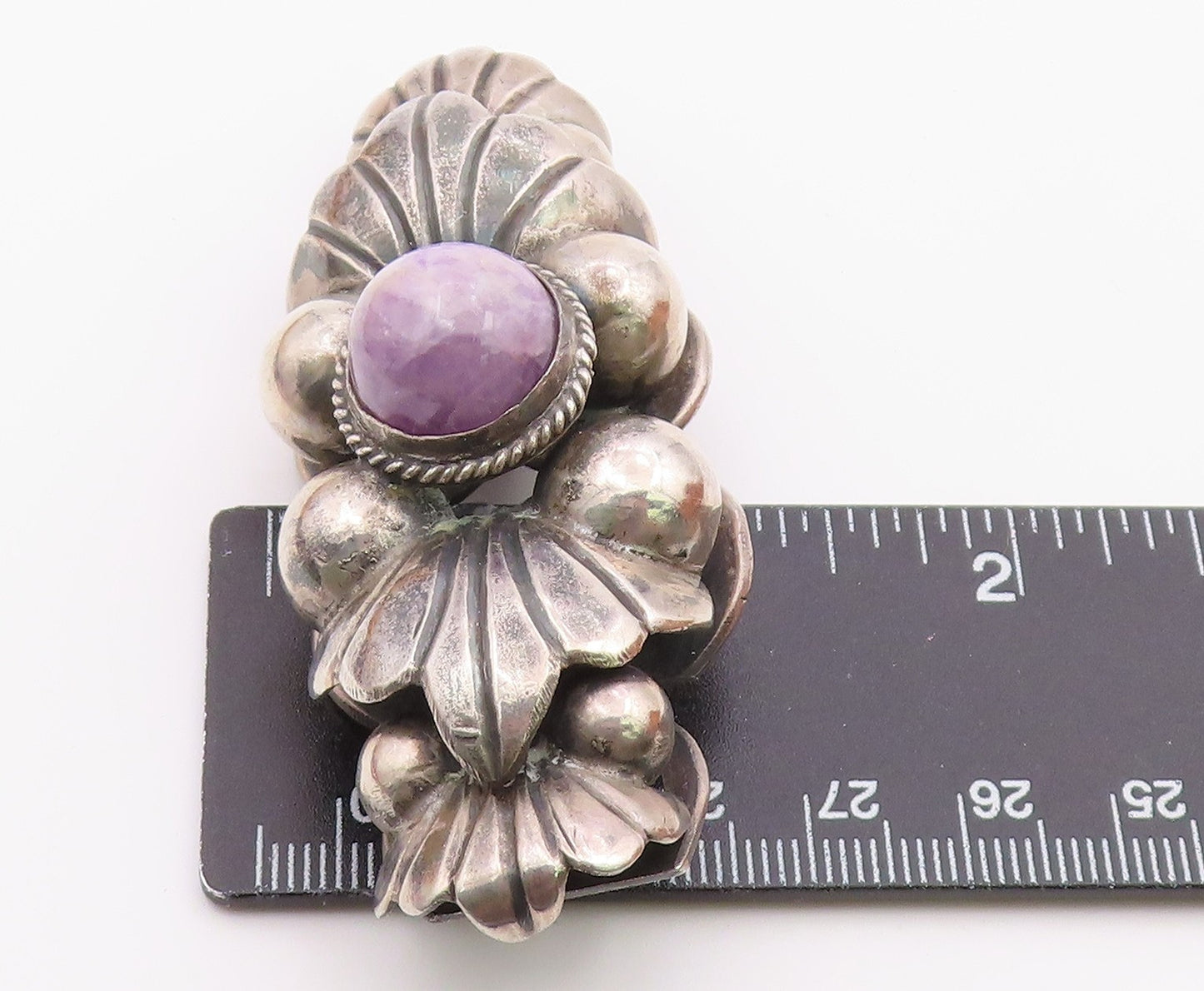 MEXICO 925 Silver  Vintage Antique Cabochon Amethyst Floral Brooch Pin  BP8260