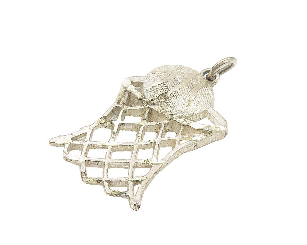 925 Sterling Silver  Vintage Diamond Cut Basketball Hoop Sports Pendant PT8729