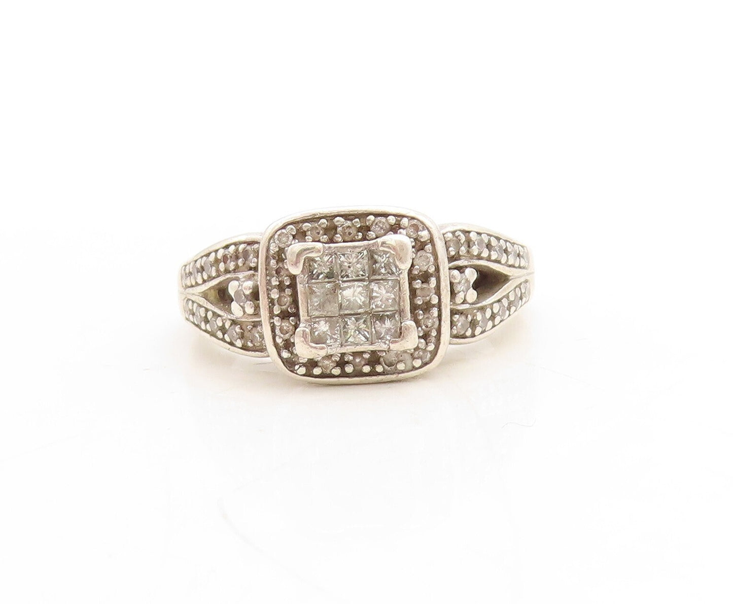 925 Sterling Silver Vintage Ring 1/4 Ct Diamonds Square Inlay Sz 7 RG31191