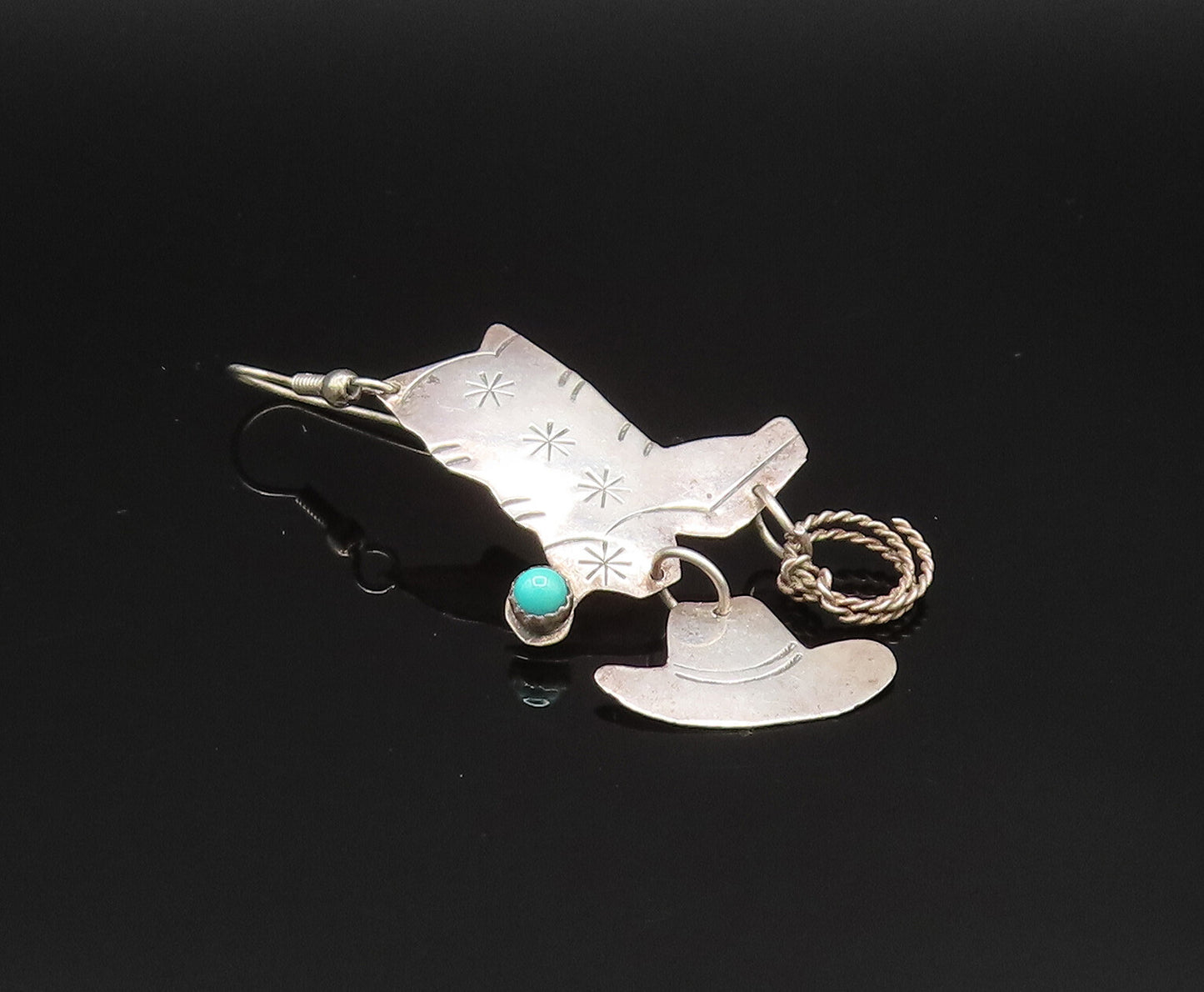 NAVAJO 925 Silver  Vintage Cowboy Boots Hat & Rope Turquoise Earrings  EG11833