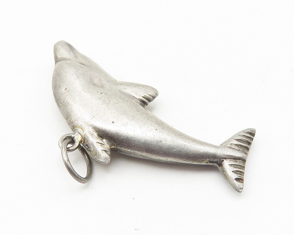925 Sterling Silver  Vintage Hollow Leaping Dolphin Motif Drop Pendant  PT8207
