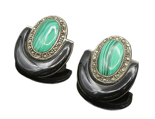 925 Sterling Silver  Vintage Agate Black Onyx & Marcasite Earrings  EG11634
