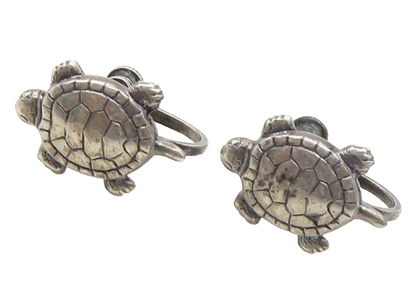 925 Sterling Silver  Vintage Dark Tone Turtle Motif Non Pierce Earrings EG5282