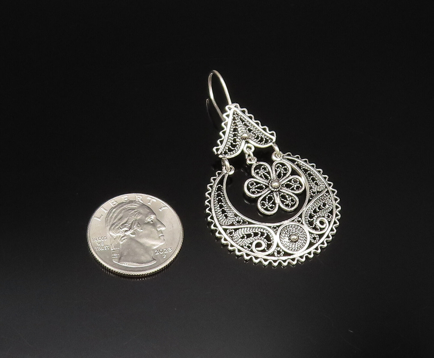 925 Silver  Vintage Wavy Edge Rope Twist Spirals Floral Earrings  EG12056