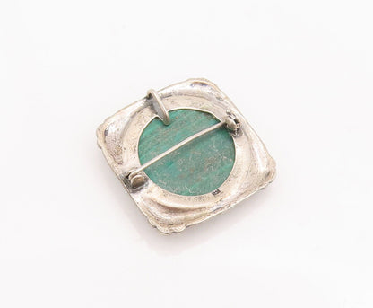 925 Sterling Silver Vintage Brooch Pin Round Malachite Carved Frame  BP10862