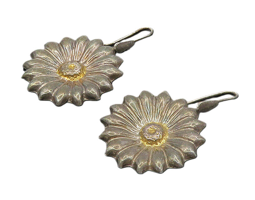 925 Sterling Silver  Vintage Dark Tone Flower Motif Drop Earrings  EG9083
