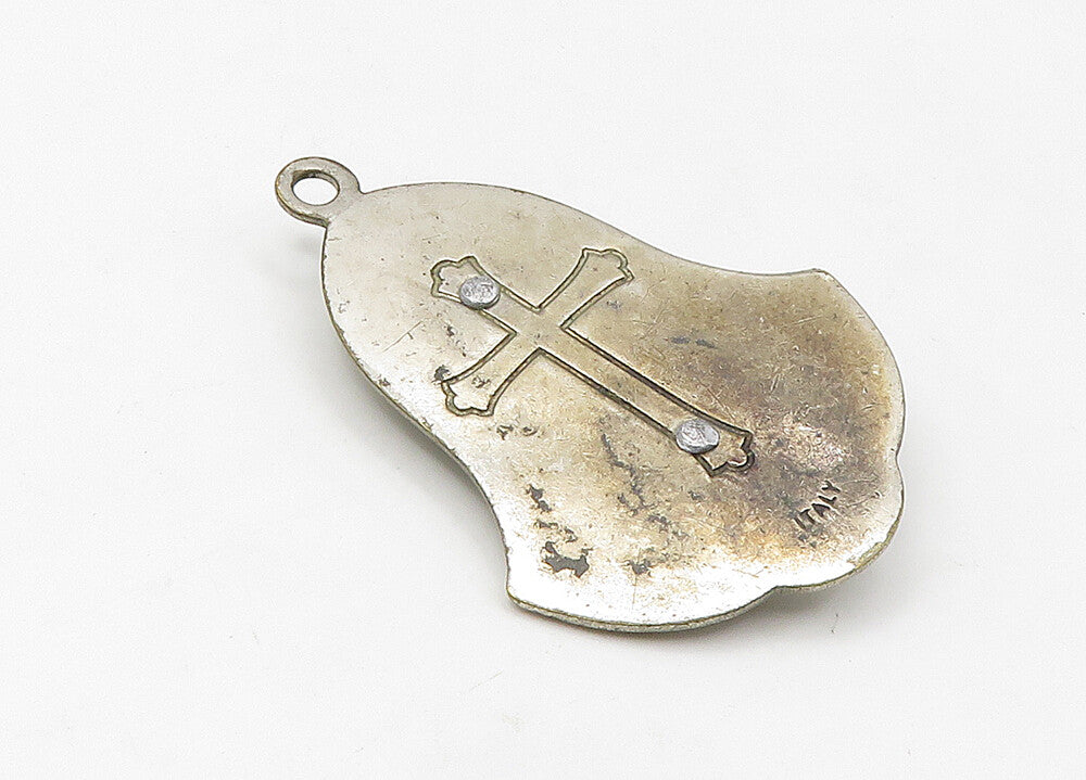 925 Sterling Silver  Vintage Green Mother Of Pearl Religious Pendant  PT17248