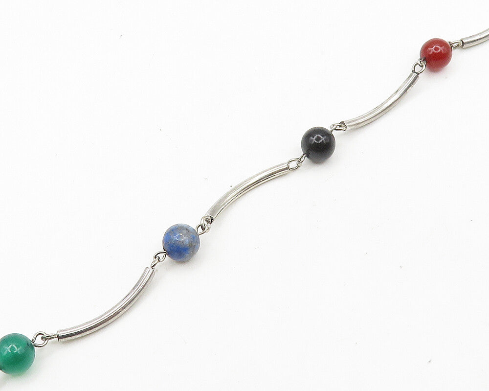 925 Silver  Vintage Onyx Quartz Lapis Lazuli & Carnelian Chain Bracelet BT7402