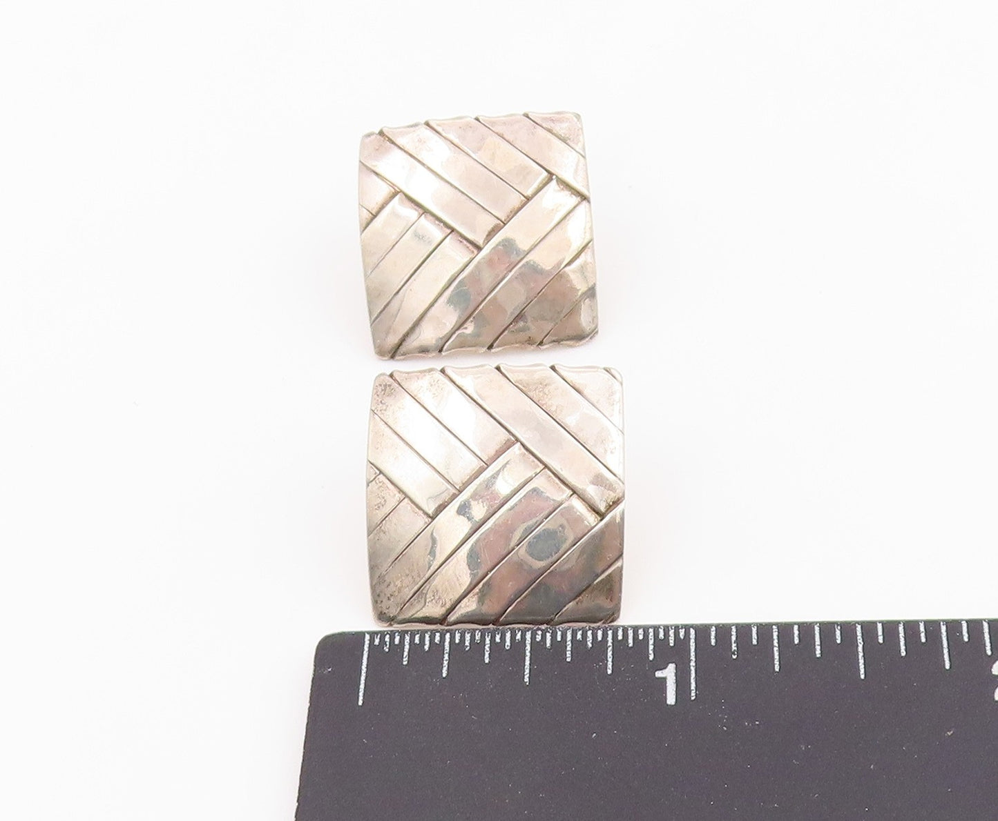 14k Gold & 925 Sterling Silver Vintage Earrings OFIESH Basket Weave Stud EG14062